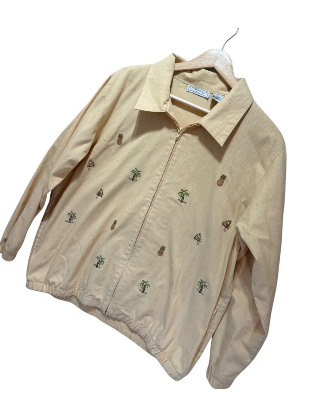 Kenneth Too! Vintage 80s Pineapple & Monkey Embroidered Harrington Jacket Beige